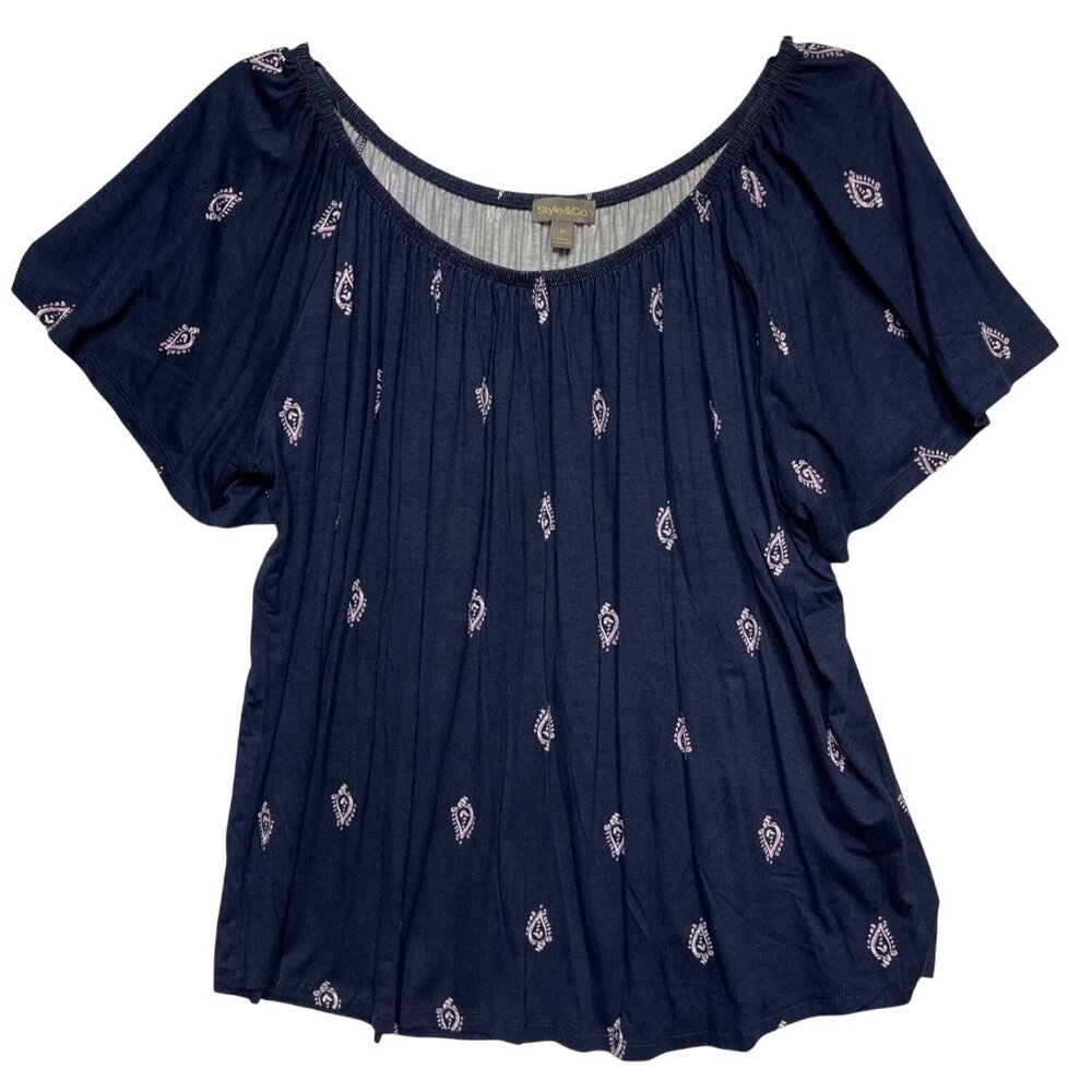 Style & Co. 3X Shirring Top Blue Paisley Design Rayon & Spandex Blend